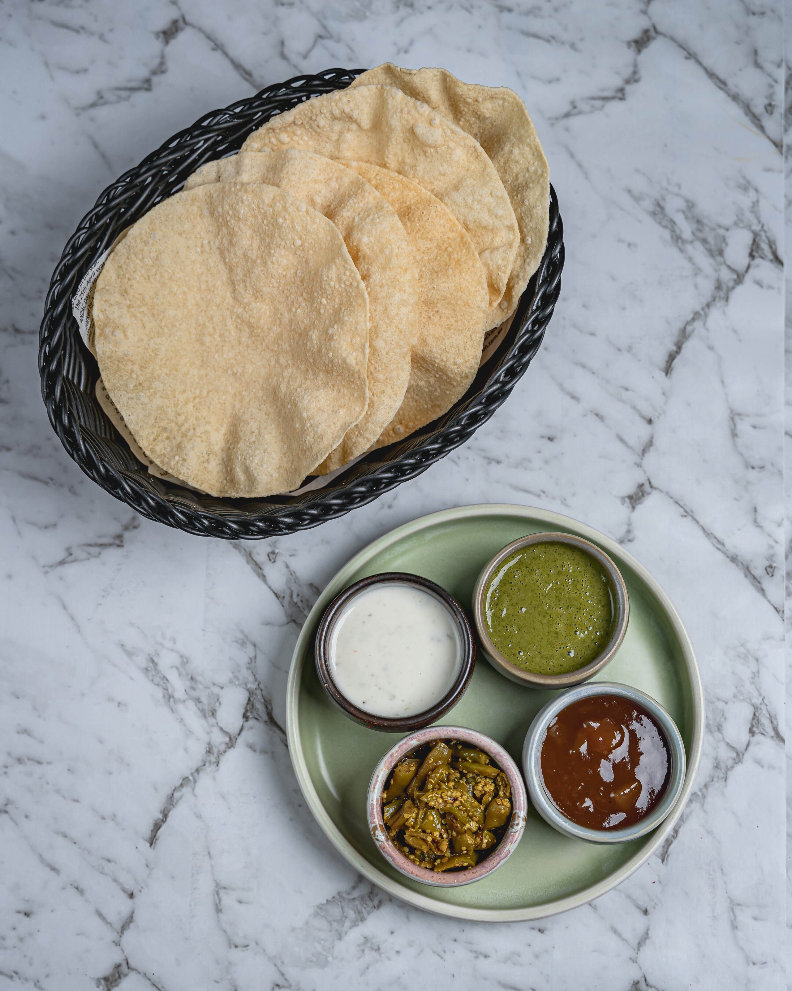 PAPADUMS WITH 4 DIPS O'Bombay Modern Indian Restaurant Hornsby